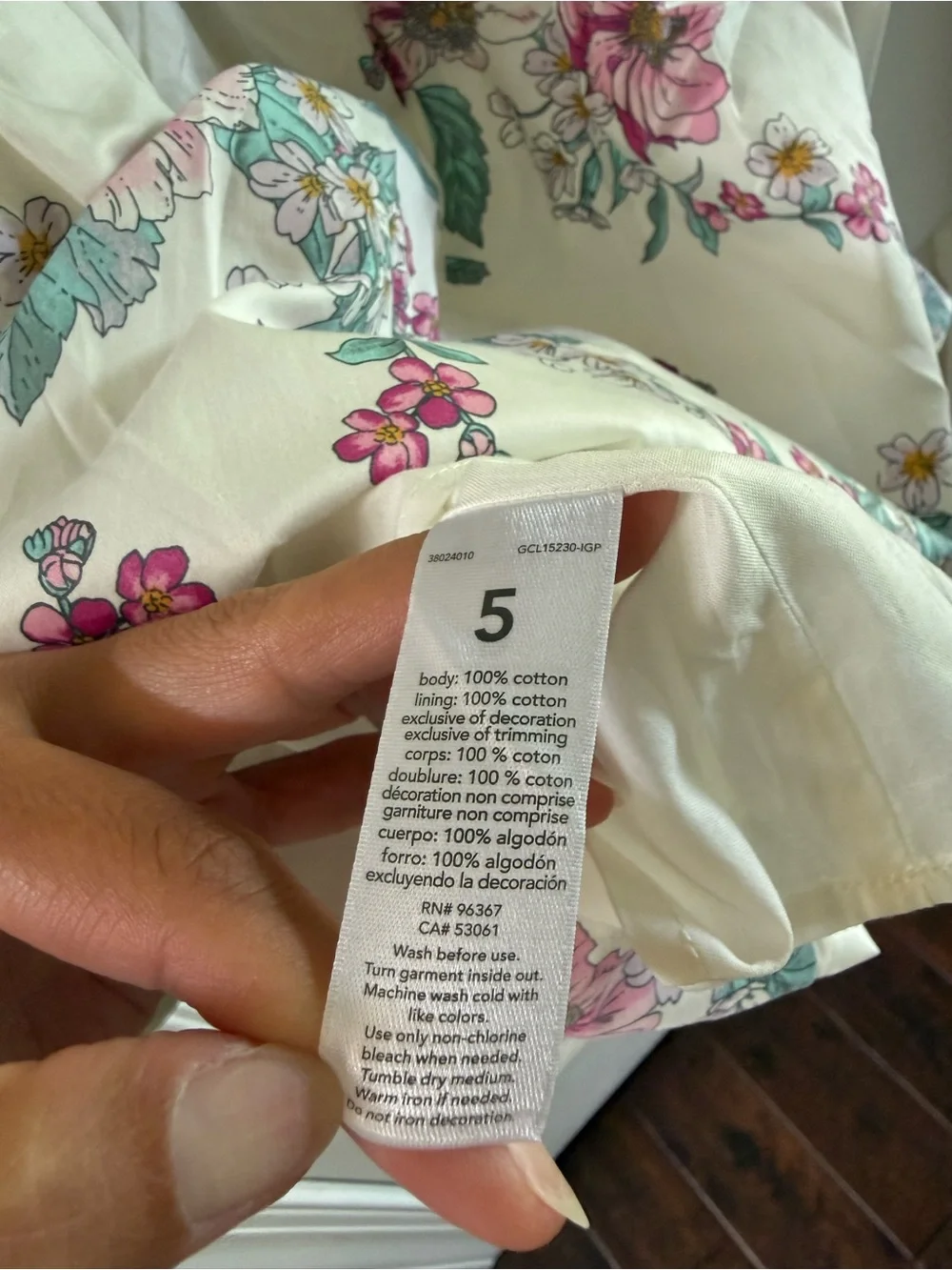 OshKosh B'gosh White Floral Dress with Pink and Green Accents and Gold Waistband